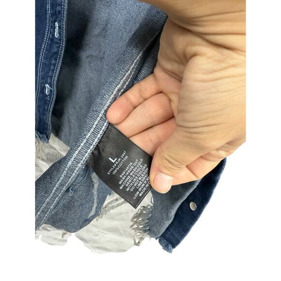 American Bazi Longline Denim Jacket Distressed Dark Wash Womens Large Boutique - Picture 4 of 7